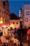 Stalls at Christmas Market with Renaissance Tower, Svornosti Square, Cesky Krumlov, Ceskobudejovicko, Czech Republic, Europe
