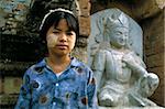 Young girl wearing thanaka face paint, Bagan (Pagan), Mandalay Division, Myanmar (Burma), Asia