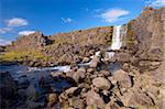 Oxara River fällt nach unten Almannagja Kliff in Thingvellir Nationalpark, UNESCO Weltkulturerbe, Oxarafoss, Süd-West Island (Sudurland), Island, Polarregionen