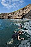 Plongée en apnée au Point Roca Vicente sur Isla Isabela (île Isabela), aux îles Galapagos, l'UNESCO World Heritage Site, en Équateur, en Amérique du Sud