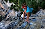 A man on a very long and overhanging climb on the famous limestone cliffs of the Mascun Canyon, Rodellar, Sierra de Guara, Aragon, southern Pyrenees, Spain, Europe