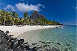 White sand beach of the five star hotel Le Paradis, with Le Morne Brabant in the background, Mauritius, Indian Ocean, Africa
