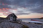 Hut on Shoreline at Sunrise, Bohuslaen, Vastra Gotaland County, Gotaland, Sweden