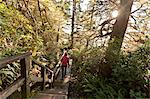 Femme de randonnée dans la forêt tropicale, baie Florencia, Tofino, Vancouver Island, British Columbia, Canada