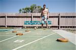 Man Playing Shuffleboard in Trailer Park, Yuma, Yuma County, Arizona, USA