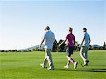 Drei junge Golfer auf Kurs, Rückansicht