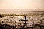 Ethiopia, Lake Awassa. A Man punts a traditional reed Tankwa through the reeds at sunset.