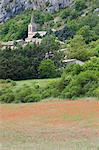 Provence, Frankreich. Eine französische Stadt in der Provence mit Mohn im Vordergrund