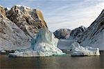 Greenland,Ittoqqortoormiit. An excursion through the icebergs by zodiac in the calm waters of Ittoqqortoormiit (Scoresbysund) on the north east coast of Greenland.