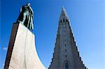 Iceland,Reykjavik. Hallgrimskirkja built to resemble a mountain of basaltic lava,the national cathedral is graced on its front,city facing,by a statue of the warrior Leifur Eriksson the discoverer of Vinland - modern day America.
