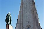 Iceland,Reykjavik. Hallgrimskirkja built to resemble a mountain of basaltic lava,the national cathedral is graced on its front,city facing,by a statue of the warrior Leifur Eriksson the discoverer of Vinland - modern day America.