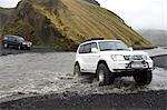 Iceland. The roads of Iceland are generally untarmacked with numerous river crossings suitable only for four wheel drive vehicles travelling in pairs.