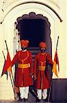 Ceremonial guards lend colour,if not authenticity,to the ambience of Castle Mandawa,one of the region's best known hotels.