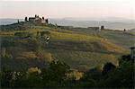 Italie, Toscane, San Gimignano. Une ferme se trouve sur une colline à l'extérieur de San Gimignano, regardant vers le bas sur les vignobles environnants et d'oliviers.