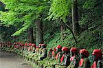 Kanmangafuchi area of Nikko town. The Narabijizo stone statues wearing red bibs.