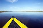 Malawi, Upper Shire Valley, Liwonde National Park. The bows of a safari boat exploring the channels of the Shire River.