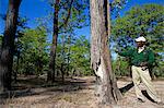 Malawi, Upper Shire Valley, Liwonde National Park. A safari guide interprets the Mopane ecosystem bordering the Shire River