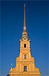 Russia, St.Petersburg; The pointed, golden bell tower on top of the St.Peter and St.Paul's church