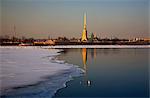 Russia, St.Petersburg; The Pointed bell tower of St.Peter's and St.Paul's Cathedral where the last of the Romanovs are buried.