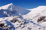 Wales, Gwynedd, Snowdonia. Mount Snowdon frozen and covered in snow in winter from the east.