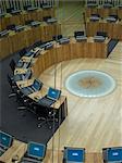 National Assembly for Wales, Cardiff. Main chamber. Architects: Richard Rogers Partnership.