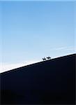 Silhouetted horse riders at dusk on a sand dune in the Valle de la Muerte