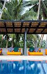 Padded loungers by pool