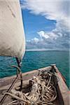 Mozambique,  Bazaruto Archipelago. Old worn ropes at the bow of a Dhow.