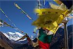 Nepal, Everest Region, Khumbu Valley. Buddhist prayer flags adorn the trail and frame Mount Everest in the background