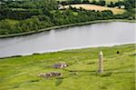 Northern Ireland, Fermanagh, Enniskillen. The monastic settlement and round tower on Devenish Island in Lower Lough Erne.