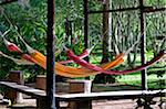 Peru. Colourful hammocks at  Inkaterra Reserva Amazonica Lodge, situated on the banks of the Madre de Dios River.