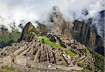 Peru, The world-famous Inca ruins at Machu Picchu at an altitude of 7,710 feet above sea level with the peak, Huayna Picchu.