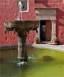 Peru, A granite fountain in a courtyard of the magnificent Santa Catalina Convent, founded in 1580.
