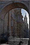 Peru, Arequipa Cathedral dominates the square, Plaza de Armas. Built with sillar, a volcanic stone mined from the extinct Chachani volcano.