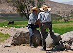 Au Pérou, deux fermiers dans la conversation, à côté de la pre-Inca terrasses qui est alimenté par un réseau de canaux d'irrigation, Arequipa.