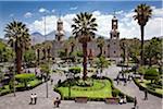 Peru, Arequipa Cathedral dominates the main square, Plaza de Armas. Built with sillar, a stone mined from the extinct Chachani volcano.