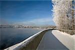 Russia; Siberia; Irkutsk; Steam forming over the River Angara due to extreme temperatures, with trees covered in frost