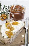 Bread with cottage cheese and sea buckthorn jam