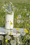 Arrangement de fleurs et bouteille de lait