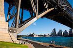 Australia, New South Wales, Sydney.  View under the Sydney Harbour Bridge to the Opera House and city skyline.