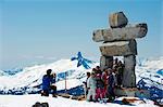 Canada, British Columbia, Whistler, venue of the 2010 Winter Olympic Games, an Inuit Inukshuk stone statue and Black Tusk Peak