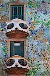 Spain, Cataluna, Barcelona, Eixample, the balconies and facade of Casa Batlo (House of Bones), Architect- Antoni Gaudi