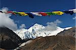 Prière drapeaux, Cho Oyu, Khumbu, le Parc National de Sagarmatha Solukhumbu District, Sagarmatha, Purwanchal, Népal