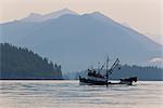 A commercial fishing seiner travels to a pink salmon opening on a misty morning in Fredrick Sound and Stephens Passage, Inside Passage, Tongass National Forest, Southeast Alaska, Summer