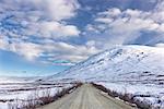 Découvre de la route de Denali lorsqu'il passe sur le sommet de MacLaren, centre-sud de l'Alaska, printemps