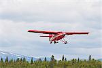 K2 Aviation DeHavilland turbine Otter on wheel skis takes off from the Talkeetna Airport, Southcentral Alaska, Summer