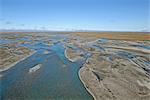 Vue sur la rivière Hulahula traversant la plaine côtière de l'Arctique en été de l'ANWR, Arctique de l'Alaska,