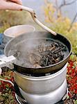 Cooking food outside.