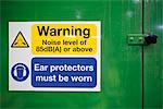 Sign warning of high levels of noise and the need to wear ear protectors