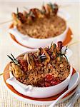Tomato crumble with mussel and chorizo brochettes